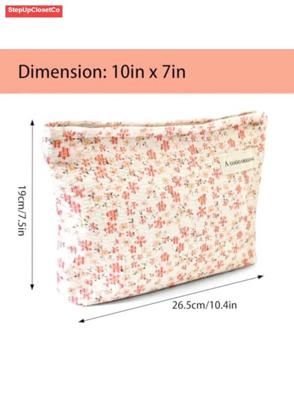 Quilted Floral Cotton Makeup Bag with Zipper - Travel Cosmetic Organizer Pouch